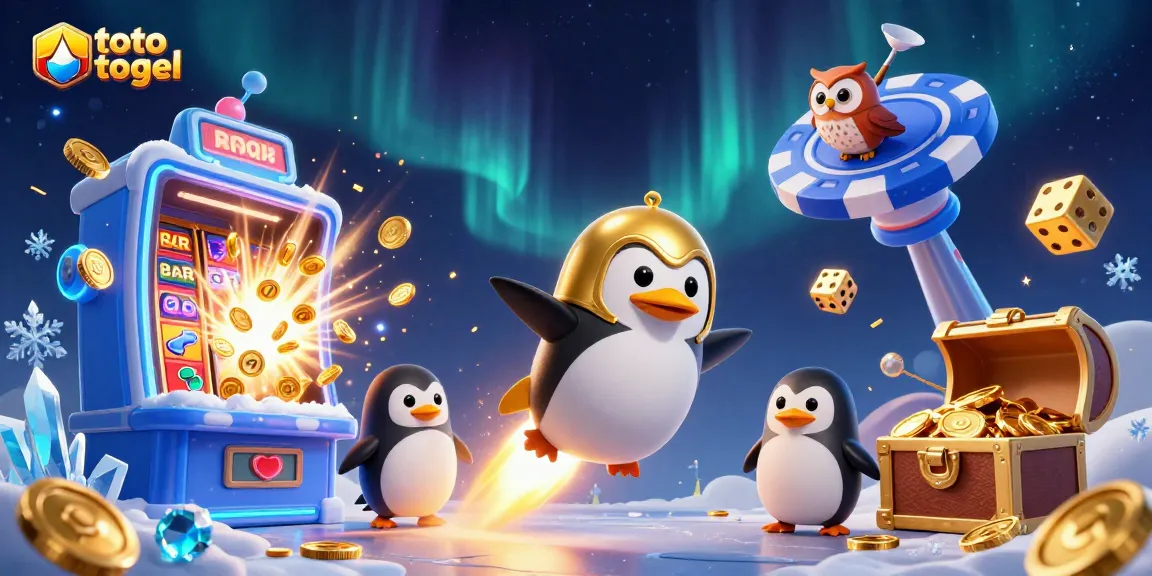 Toto togel membawa keberuntungan dengan penguin emas meluncur di luar angkasa, dikelilingi mesin slot dan koin emas