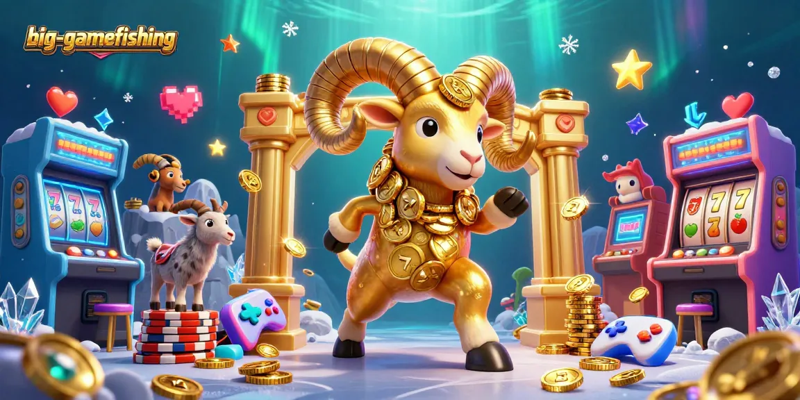 Big-gamefishing scene with a golden ram charging at a golden gate with vibrant casino elements.