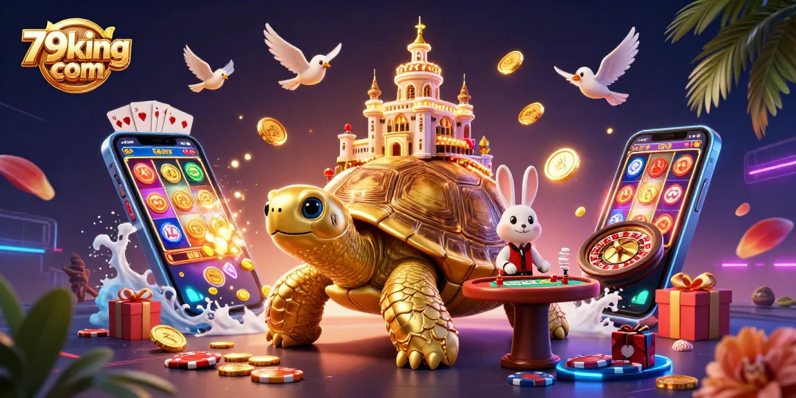 Experience thrilling games at 79king com as golden tortoises and rabbit dealers create a lively casino scene.