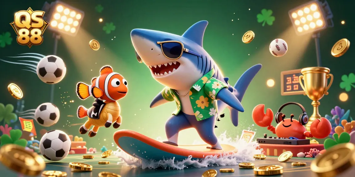 Experience excitement with QS 88 as the hammer-head shark surfs gold coins amid vibrant gambling elements.