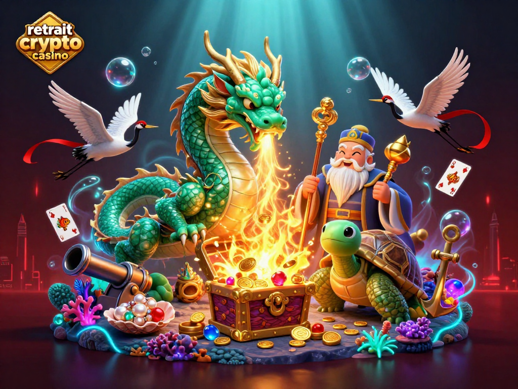 Retrait crypto casino : dragon émeraude et tortue sage entourés de trésors et cartes, ambiance immersive.