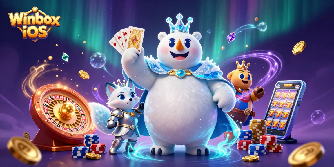 Experience the excitement of casino gaming with Winbox iOS, featuring a vibrant illustration packed with action.