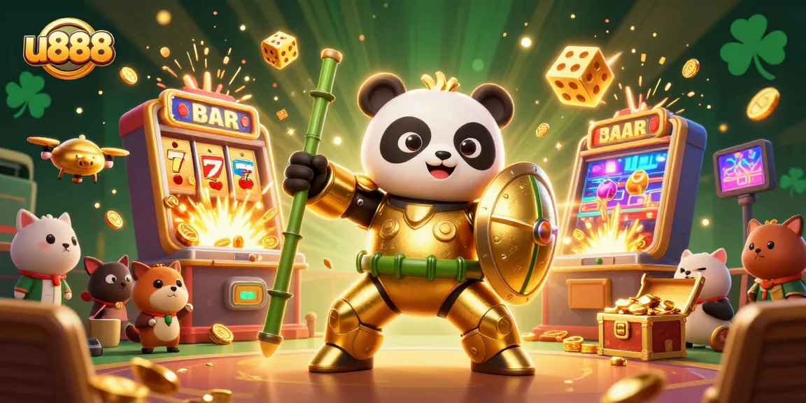 Spin the reels at u888's vibrant casino arena with a golden panda robot amid jackpot excitement.