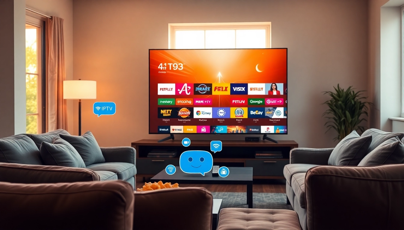 Engaging scene showcasing a vibrant living room with a flat-screen TV displaying iptv subscription content.