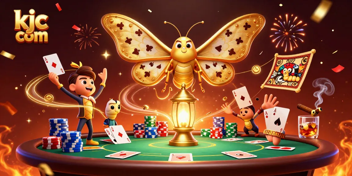 Experience thrilling gameplay at kjc com with vibrant 3D casino scenes featuring a majestic moth and poker elements.