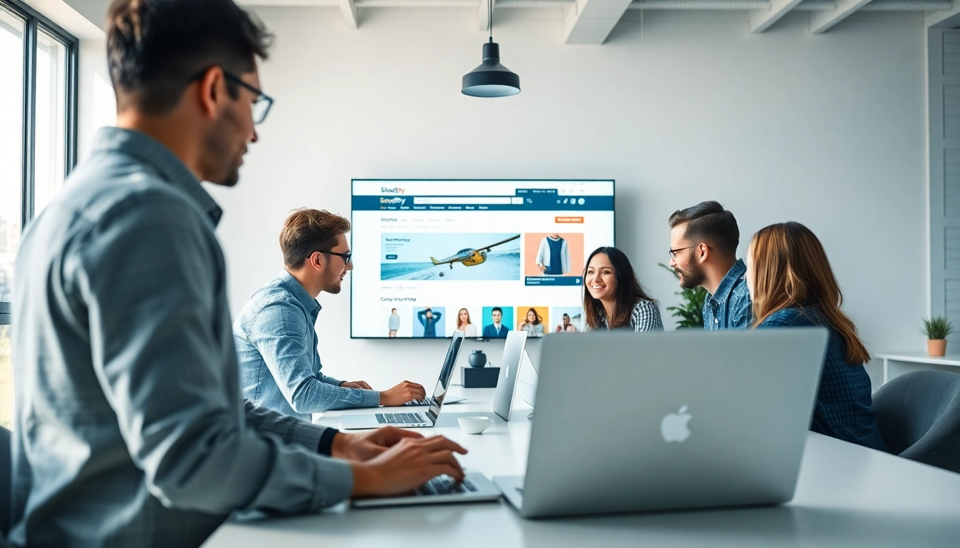 Showcase of Shopify website development services by a collaborative team in a modern office.