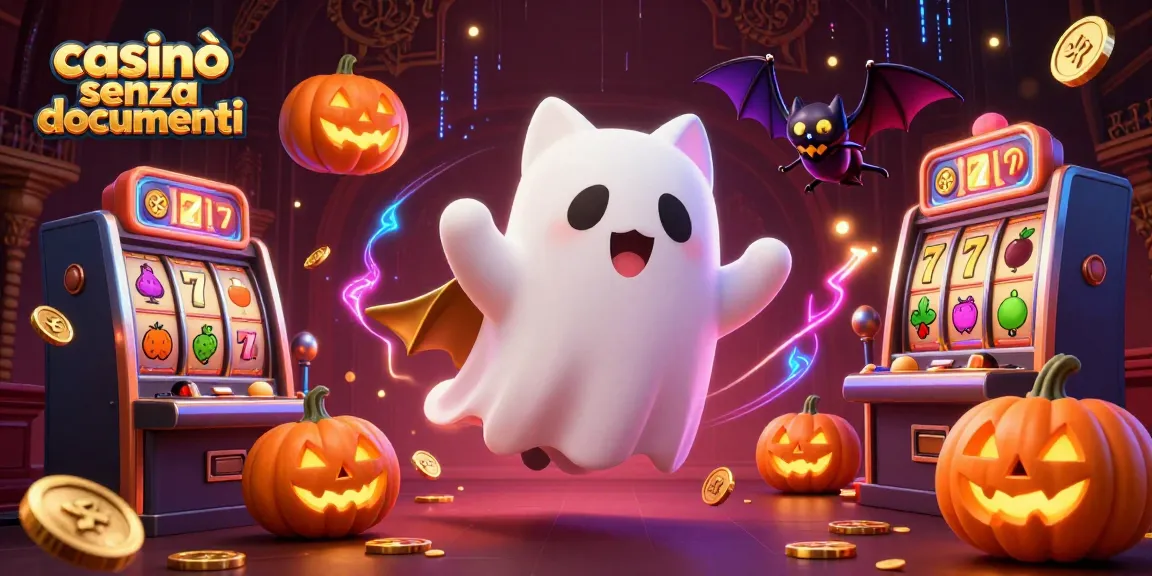 Gioca nei casinò senza documenti con questa illustrazione di un gatto fantasma in un casinò, tra simboli delle slot e gettoni d'oro.