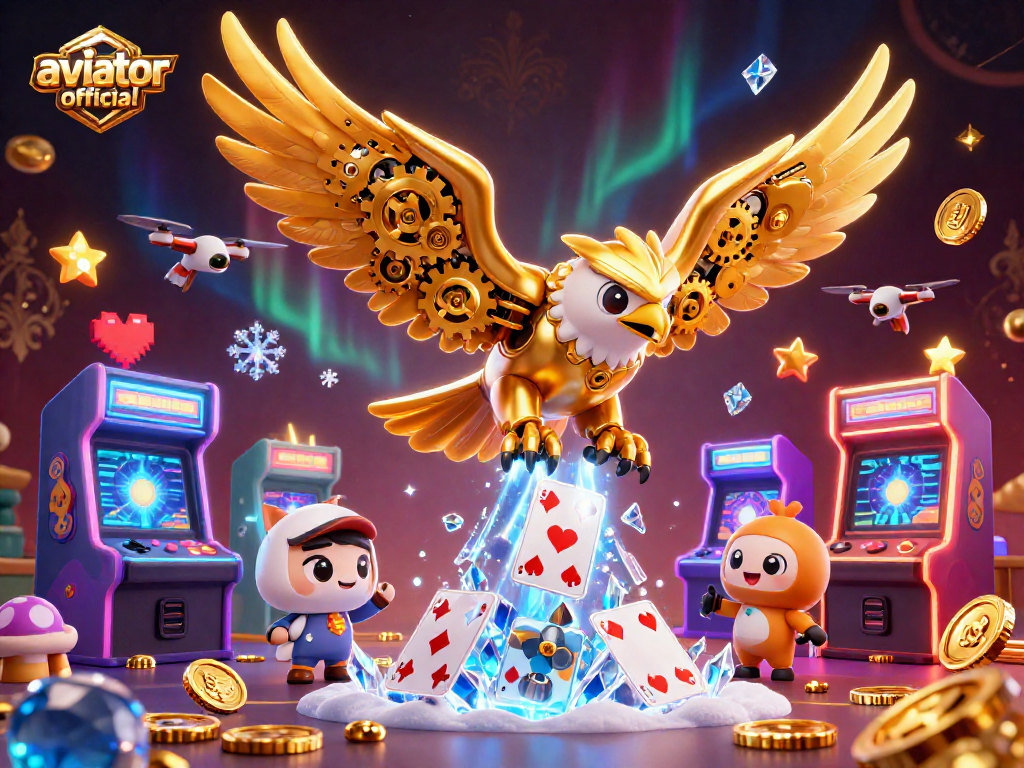 aviator official showcases a dynamic 3D cybernetic eagle surrounded by arcade machines and casino elements