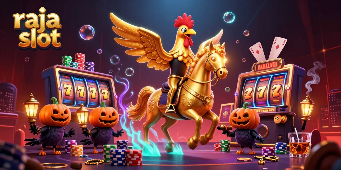 Gambar ilustrasi 3D menunjukkan raja slot beraksi di kasino dengan simbol jackpot dan elemen permainan lainnya.