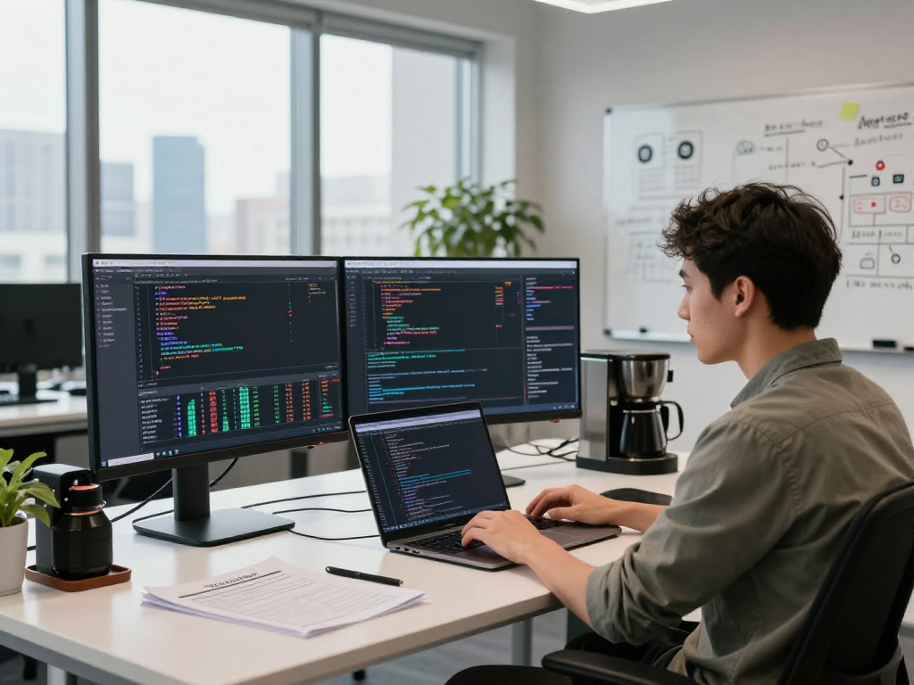 Developer leveraging the multi-contract futures batch API in a tech workspace filled with market data and coding activity.